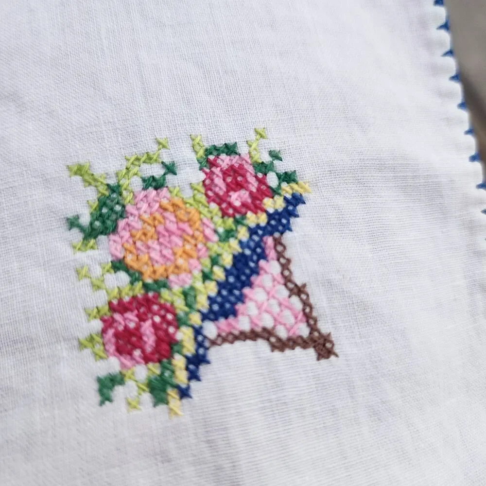 2 Vintage Cotton Handkerchief Hankie Embroidered Cross Stitch w/Flower Bouquet